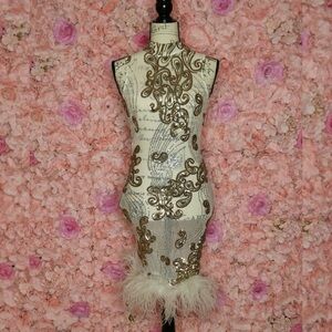 SPARKLY CRYSTAL HIGH NECK SHEER MESH BODYCON FEATHER PARTY MIDI DRESS - WHITE